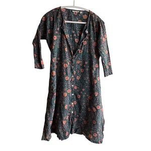 Roller Rabbit Teal Pink Floral Cotton Button Front Tunic Shirt Dress Boho Small